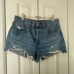Levi's Women Premium 501 Blue Jean Shorts Distressed Cut-Off Style